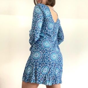 Teal and blue tapestry patterned shift dress with bell sleeves